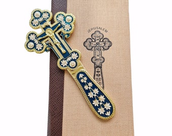 Croix de bénédiction pour père taille 20 cm en métal de couleur bleu foncé avec coffret cadeau de Jérusalem