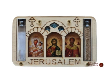 Cadeaux faits main d'aimants de terre sainte de Jérusalem avec des icônes et de l'eau bénite et de la terre