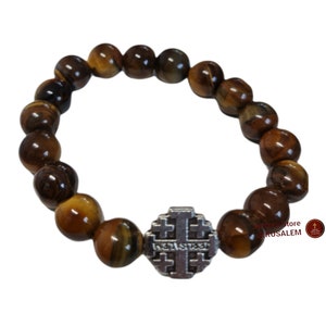 natural stone tiger-eye with Jerusalem cross bracelet 10mm beads