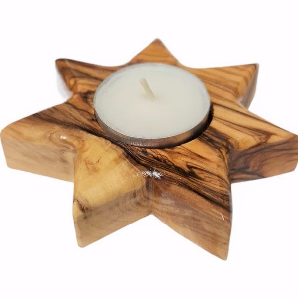 Stella di Betlemme Fatto a mano Autentico legno d'ulivo a Betlemme terra santa misura 10cm con candela bianca