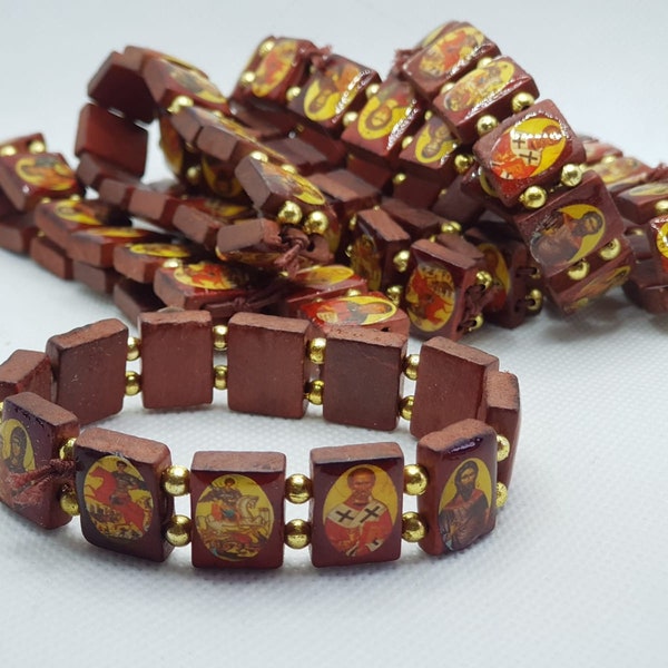 Träikonarmband stretching med helgonikoner unisex handgjort 12 st/lott