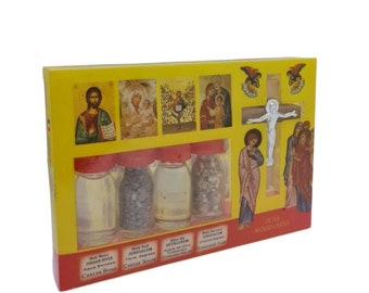 blessing for Home olive wood cross + 1 bottle from holy oil, water, soil, incense Holy land set