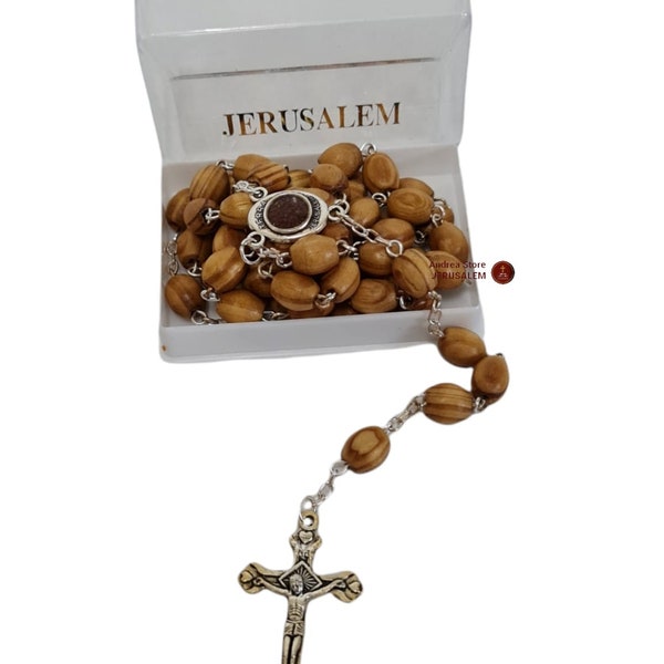 Normal Wood rosary Hand made in holy land with soil and metal cross, 59 beads rosary