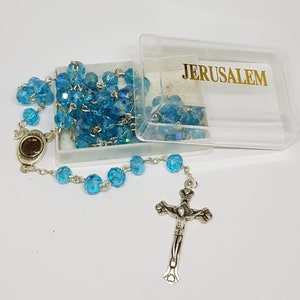 crystal beads rosary with soil from holy land jerusalem and metal crucifix hand made colour blue with plastic box