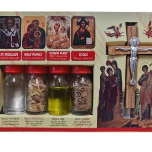 Souvenir from Holy Land Jerusalem, Water, Soil, Oil, & incense all come in 1 package as in the picture size 15cm*10cm with wood cross