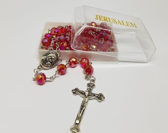 crystal beads rosary with soil from holy land jerusalem and metal crucifix hand made colour red with box