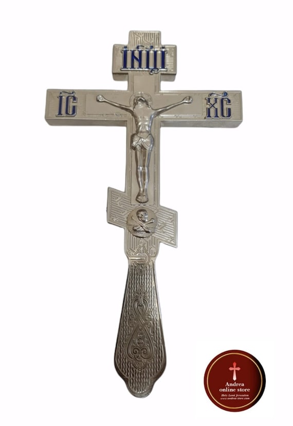 RZRHMUHN Croce Ortodossa Da Tavolo In Lega Di Zinco - Blu, Rossa E Oro, Con Figure Sacre, 34x14 Cm - 4