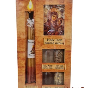 Holy land set includes Icon+  candle+ holy water+ holy oil+ soil+ incense BLESSING FOR HOME
