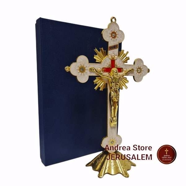 Gran cruz ortodoxa con soporte de 30 cm, también puedes colgarla en la pared, hecha de metal de Jerusalén Tierra Santa.