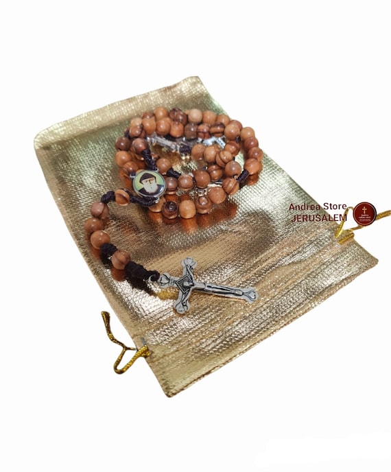 Chapelet En Bois D'olivier Avec Médaille Terre Sainte Et Croix Métal Argenté - Neuf