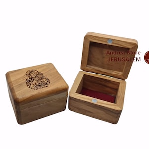 Rosenkranz Olivenholz Box Größe 5 * 7 cm handgemacht im Heiligen Land schönes Geschenk handgeschnitzt mit Jungfrau Maria Laser auf der Oberseite des Kastens geschnitzt