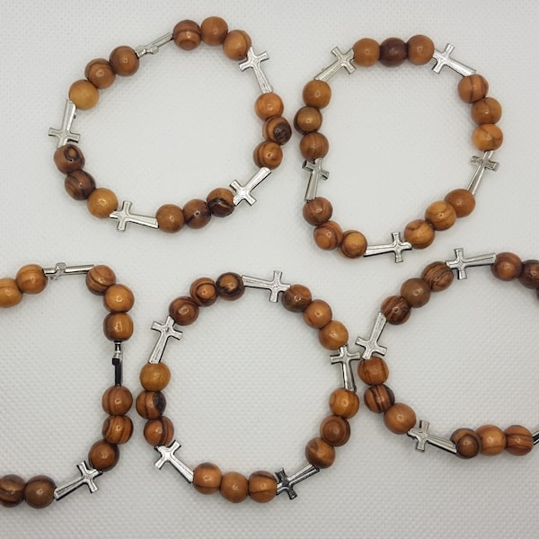 Hand made bracelets from olive wood with metal cross from jerusalem 5pieces/ lot