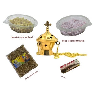 incense burner with cross and 3 types of incense and charcoal in one package rose, nard, Franck incense natural