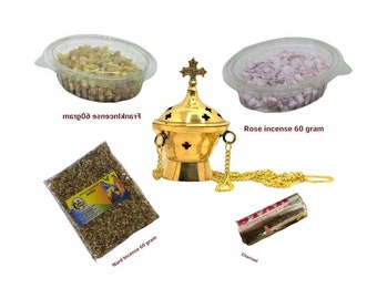 incense burner with cross and 3 types of incense and charcoal in one package rose, nard, Franck incense natural