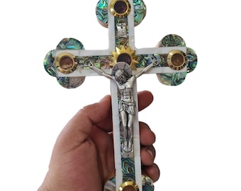 Mother of pearl cross Handmade in Holy Land size 20cm (7.8 inch) with 4 elements souvenirs soil, flowers, stones & incense