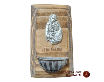 Holy Family small holy water font made from olive wood can hang it on the wall or door