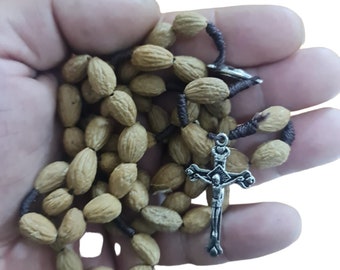 Olive beads natural olive seed from inside the Olive rosary Hand made in holy land with metal cross and soil