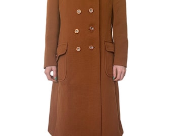 Vintage 1960’s mid length caramel coloured double breasted coat. Size 9 AU.