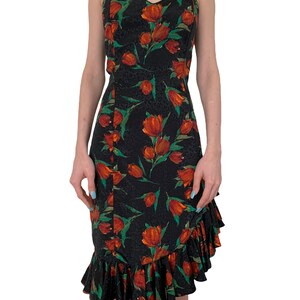 Vintage 1980’s ‘Katies’ roses on black asymmetric party/prom dress. Size 10AU.