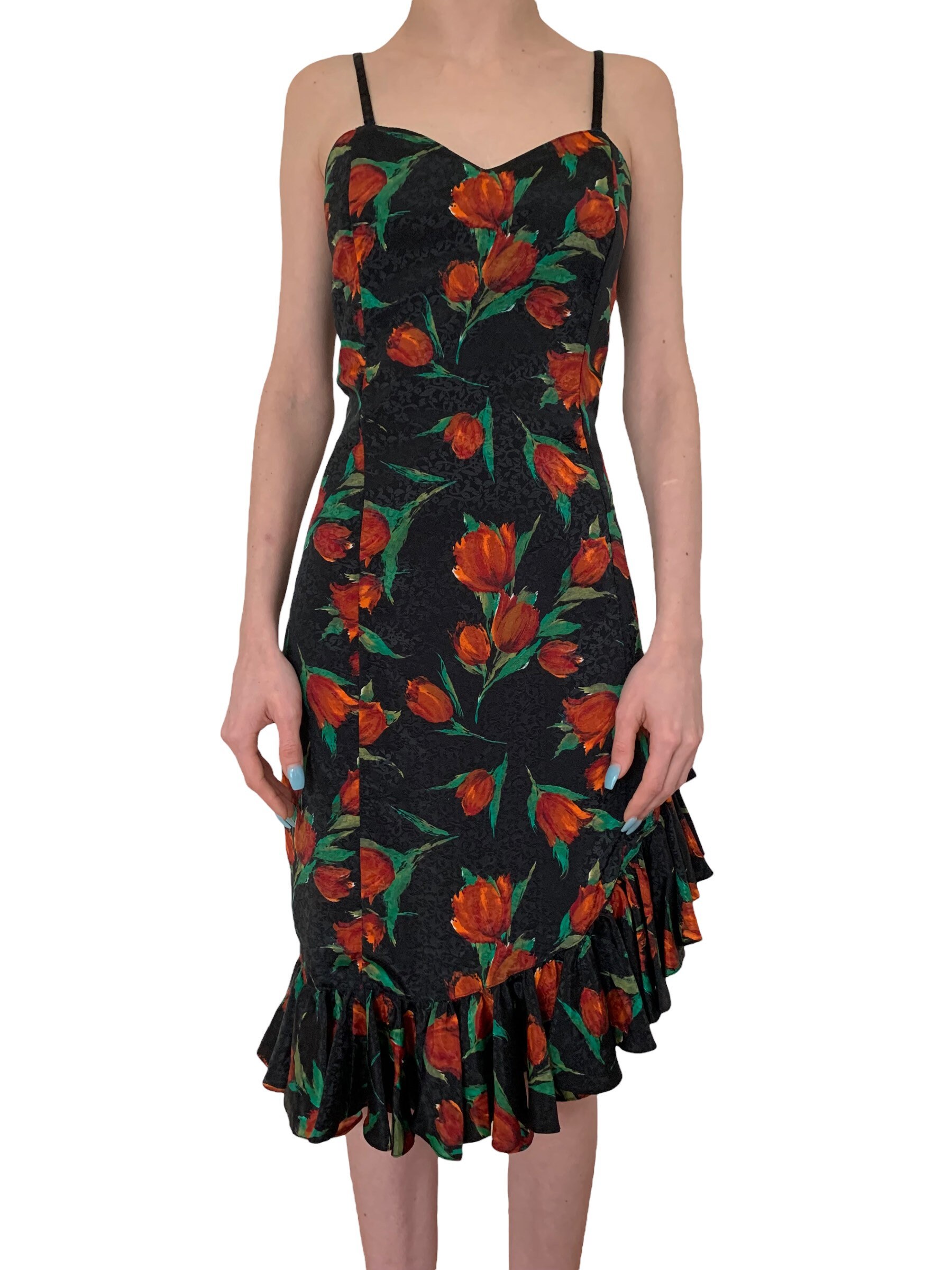 Vintage 1980’s ‘Katies’ roses on black asymmetric party/prom dress. Size 10AU.