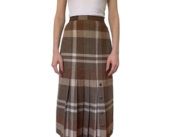 jupe midi tartan en laine mélangée vintage des années 1960/70. Taille 10 AU.