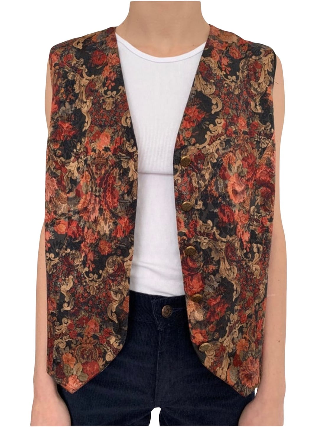 Vintage 1980s Carpet Bag Floral Design Button Down Vest. Size 8-12. - Etsy