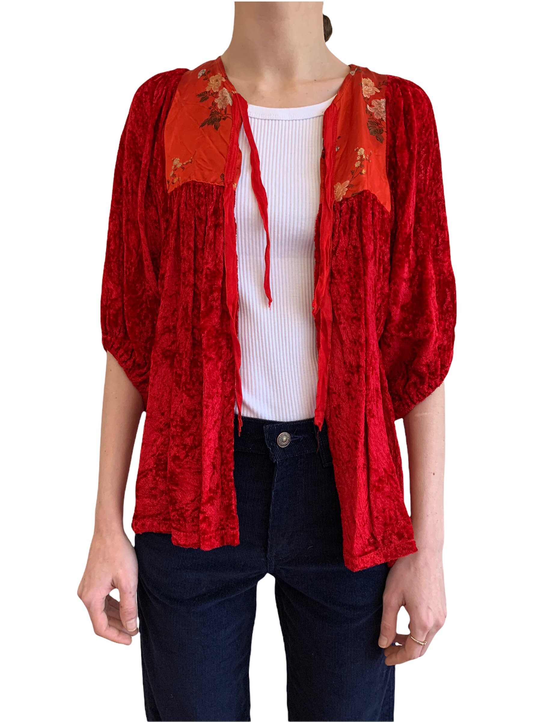 Gorgeous vintage 1970’s red velvet and Chinese brocade jacket/shrug. Size 6