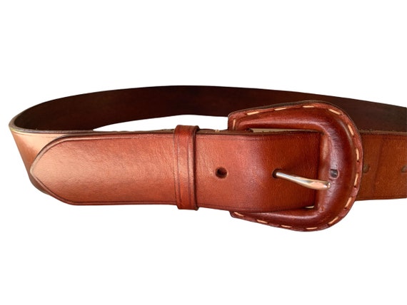 Vintage 1970 belt vintage 70s tooled leather belt with blue floral detail – 86  main image 2