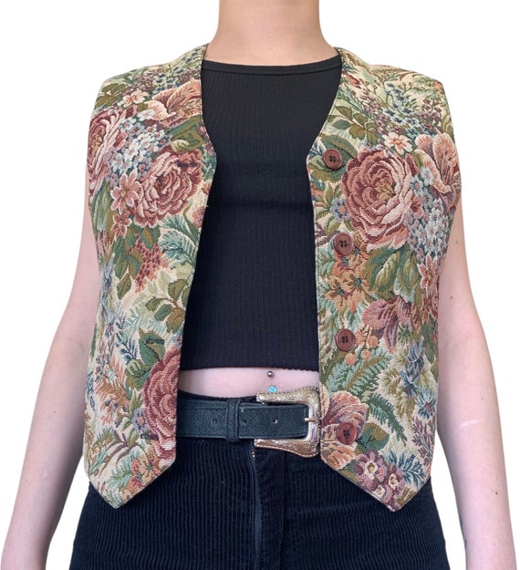 vintage 1980’s floral carpet bag fabric Vest. siz… - image 1