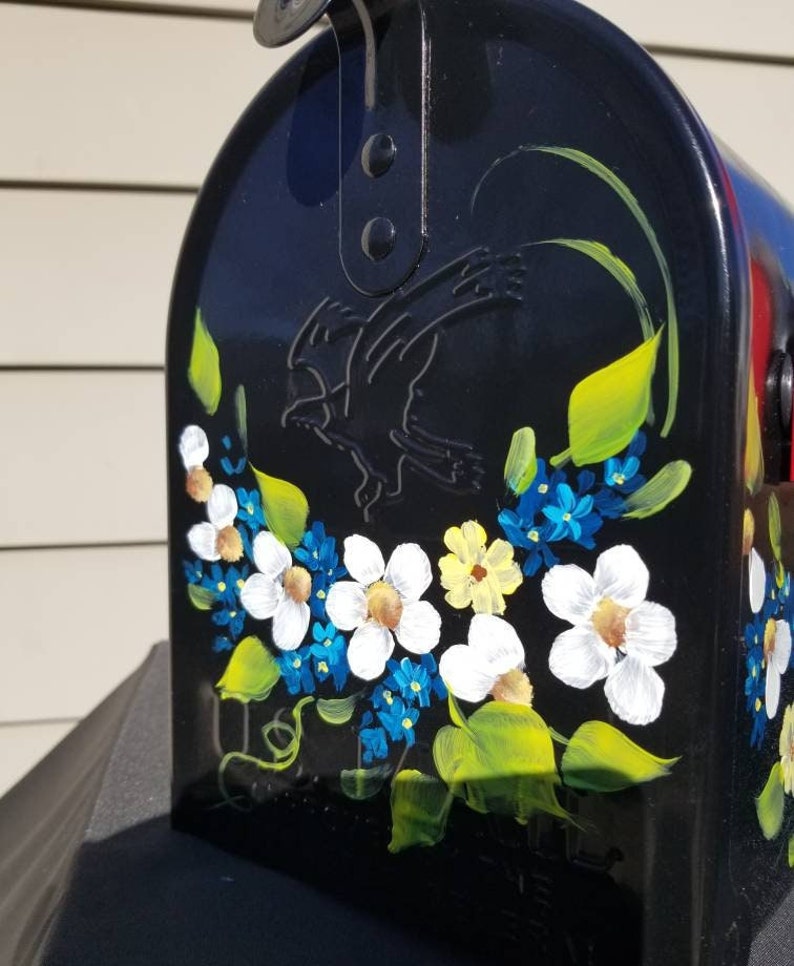 Hand Painted Mailbox daisies and blue flowers with emerald leaves. FREE Personalization, Housewarming gift, Artistic Unique yard art garden image 7