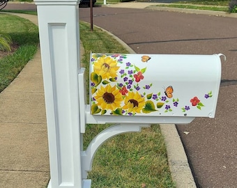 Hand Painted custom Mailbox Sunflowers, flowers, butterflies fall Wildflowers Autumn perfect housewarming gift Personalize FREE Original art