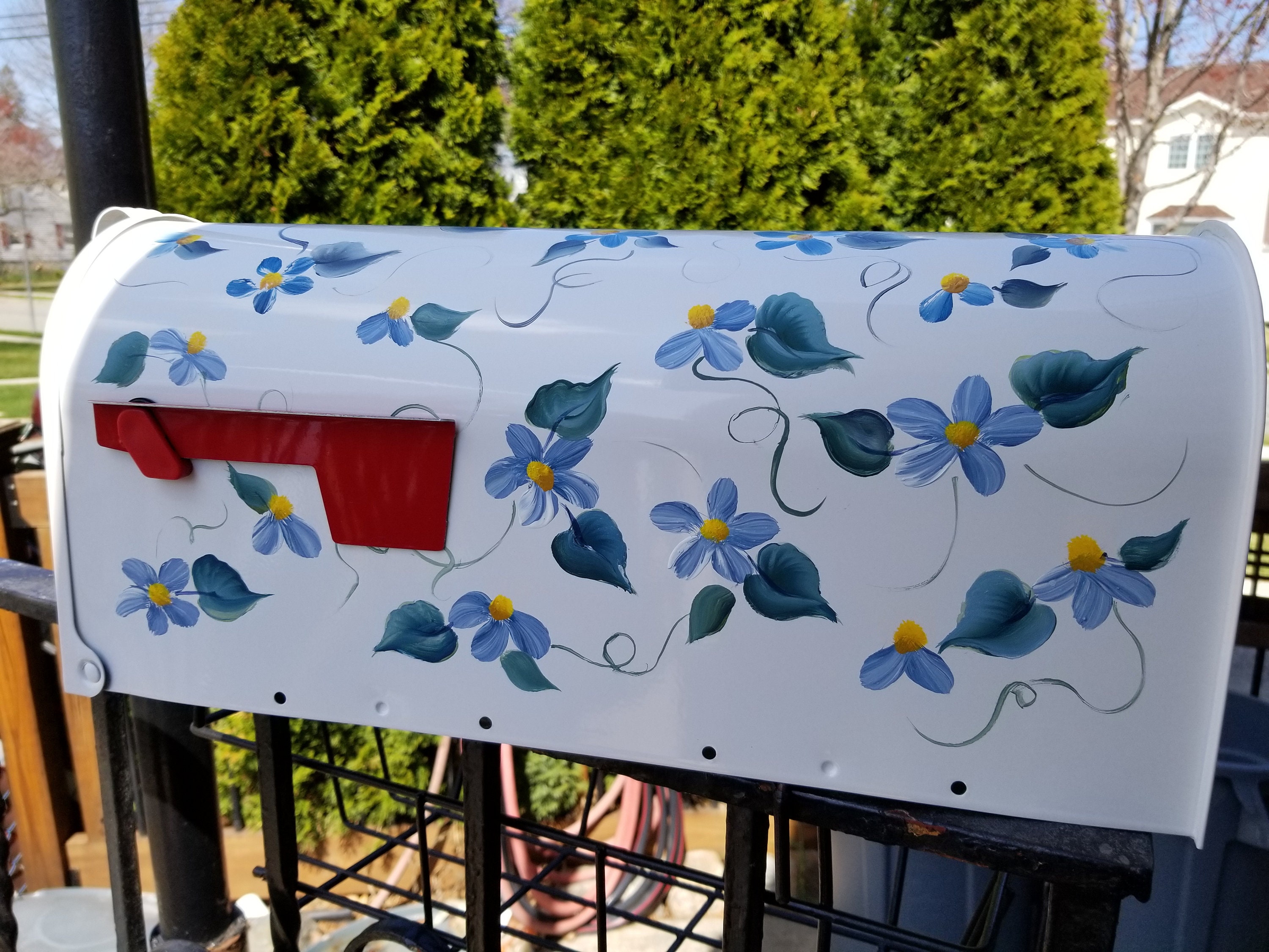Hand Painted Custom Mailbox, Blue Daisies, Daisy Housewarming Bridal shower, unique, artistic,  FREE name OR house # Personalization