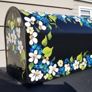 Hand Painted Mailbox daisies and blue flowers with emerald leaves. FREE Personalization, Housewarming gift, Artistic Unique yard art garden image 4