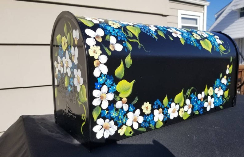 Hand Painted Mailbox daisies and blue flowers with emerald leaves. FREE Personalization, Housewarming gift, Artistic Unique yard art garden image 4