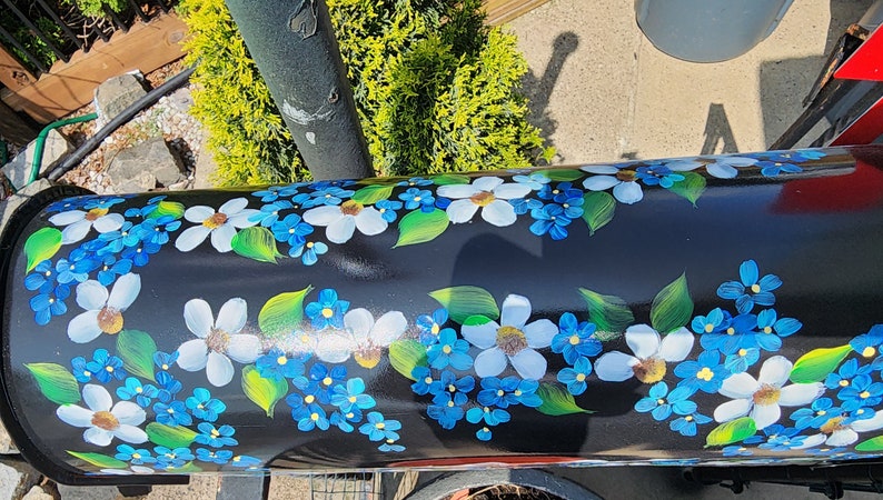 Hand Painted Mailbox daisies and blue flowers with emerald leaves. FREE Personalization, Housewarming gift, Artistic Unique yard art garden image 8