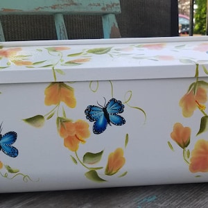 Hand-Painted Custom Mailbox Orange flowers w blue butterflies. Makes a unique personalized gift, for holidays or Housewarming Free Shipping!