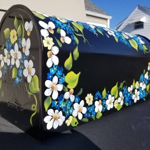 Hand Painted Mailbox daisies and blue flowers with emerald leaves. FREE Personalization, Housewarming gift, Artistic Unique yard art garden image 2