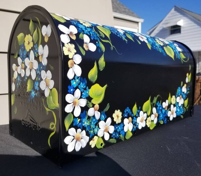 Hand Painted Mailbox daisies and blue flowers with emerald leaves. FREE Personalization, Housewarming gift, Artistic Unique yard art garden image 2