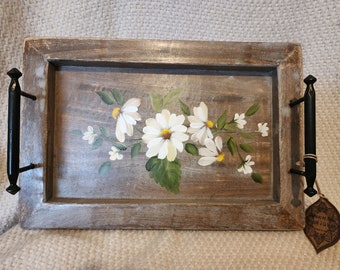 Hand Painted Daisies on a Rustic Wood Serving Tray Medium  15"x10.5" x1" Ready to ship
