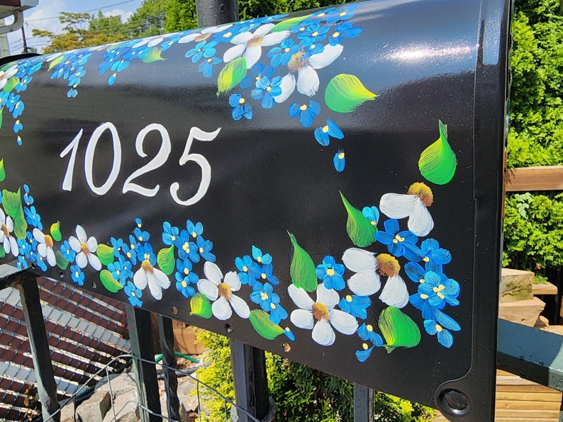 Hand Painted Mailbox daisies and blue flowers with emerald leaves. FREE Personalization, Housewarming gift, Artistic Unique yard art garden image 9