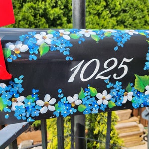 Hand Painted Mailbox daisies and blue flowers with emerald leaves. FREE Personalization, Housewarming gift, Artistic Unique yard art garden image 1