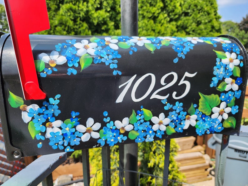 Hand Painted Mailbox daisies and blue flowers with emerald leaves. FREE Personalization, Housewarming gift, Artistic Unique yard art garden image 1