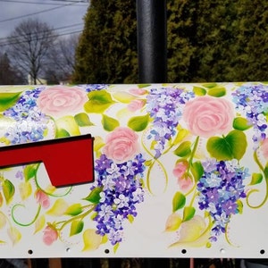 Hand Painted Custom Mailbox w Pink Roses and Purple flowers. Housewarming, Lavender, Blue, Emerald green  Home & Garden, Housewarming Gift