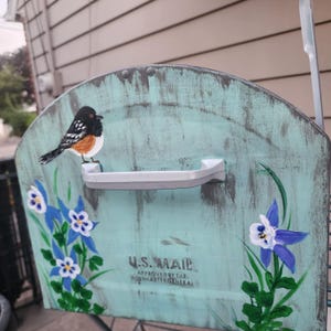 EXTRA LARGE hand painted faux weathered mailbox with little bird, butterflies and pretty columbine