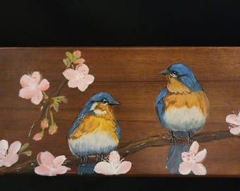 Hand-painted Acacia wood tea chest, organizer box with bluebirds & cherry blossoms decorative tea caddy storage. Great Tea enthusiast gift.