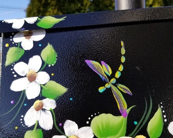 Hand Painted Mailboxes Colorful Dragonflies and Daisies House mount, wall mount, housewarming gift, flowers.