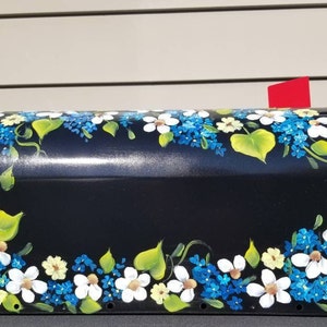 Hand Painted Mailbox daisies and blue flowers with emerald leaves. FREE Personalization, Housewarming gift, Artistic Unique yard art garden image 5