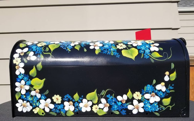 Hand Painted Mailbox daisies and blue flowers with emerald leaves. FREE Personalization, Housewarming gift, Artistic Unique yard art garden image 5