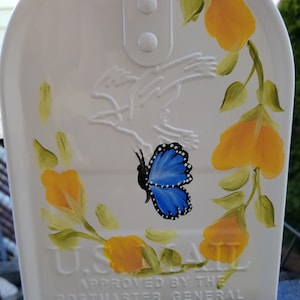 Beautiful Hand Painted Custom Colors Mailbox Peach Flowers Blue Butterflies Personalize FREE! Artistic Mailbox, Choose your color!