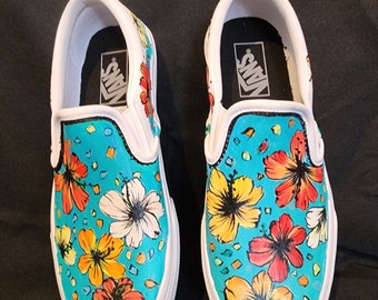 Hand Painted White Vans Leather Slip ons - Aqua w Red, Orange, Yellow, White floral design.  Read description for sizes and details.